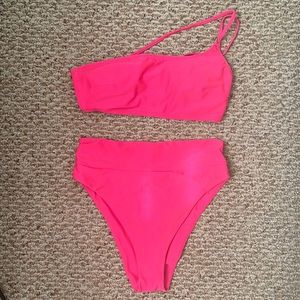 Bright Pink high-waisted one-strap bikini